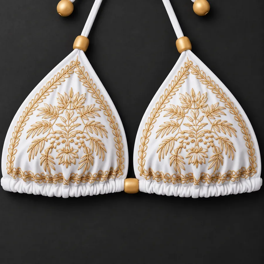 Biquíni branco com bordado floral dourado