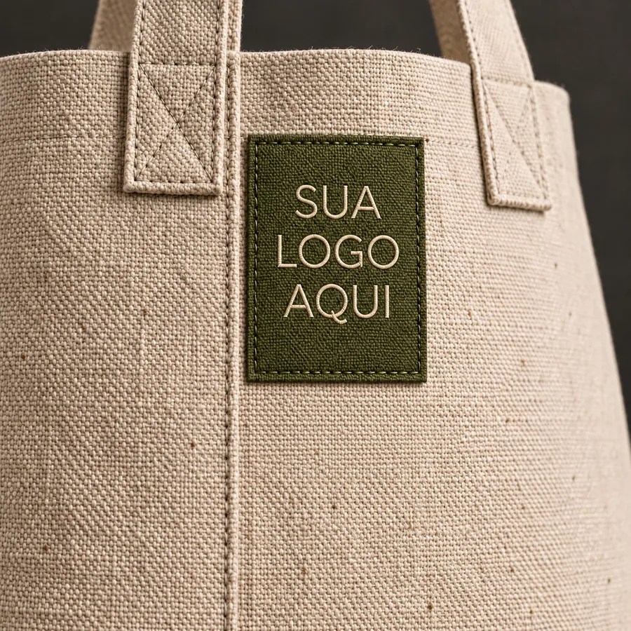 Etiqueta tecida verde costurada em bolsa artesanal de algodão cru