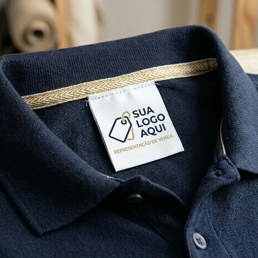 Etiqueta tecida branca com logo na gola de camisa polo