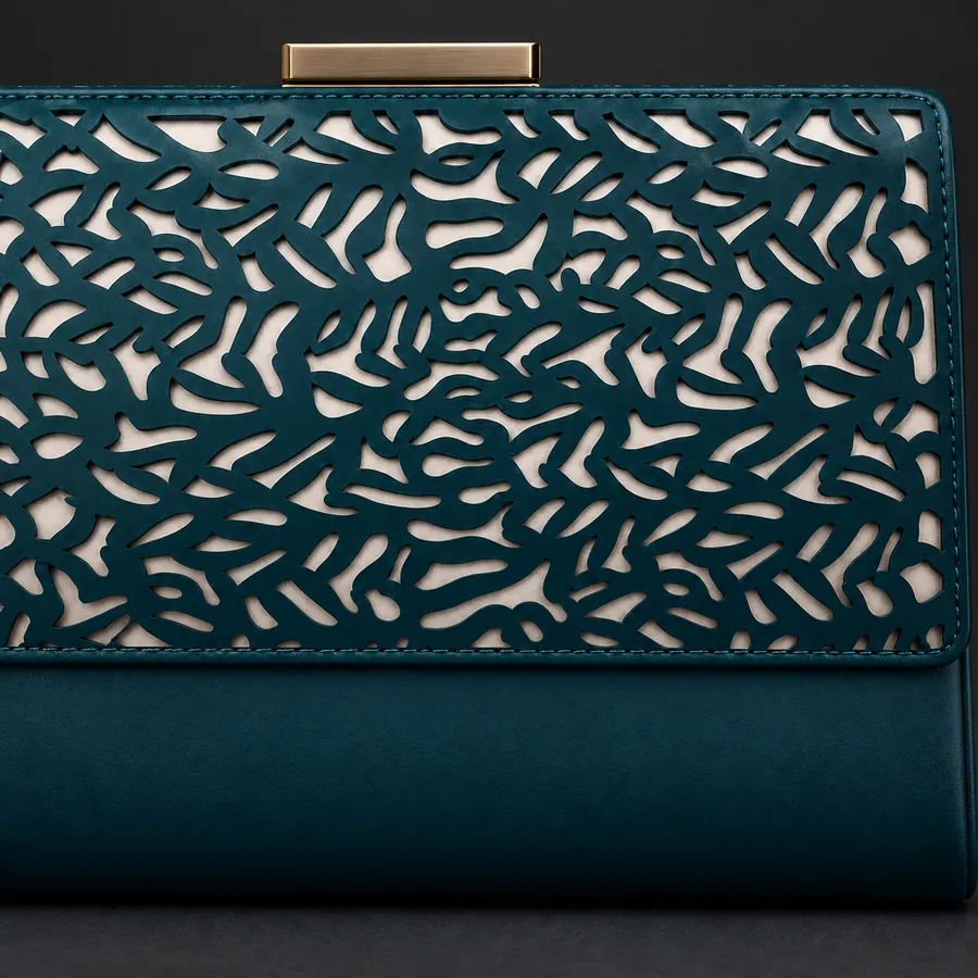 Bolsa clutch de couro com recorte vazado a laser