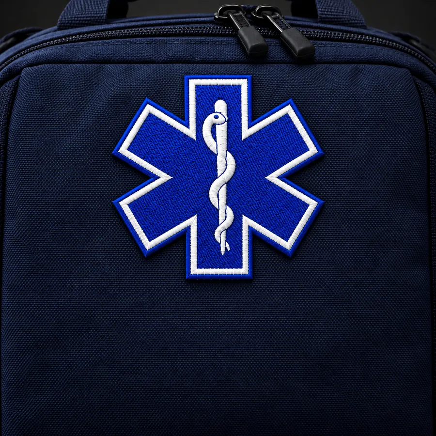 Patch de socorrista com borda cortada a laser aplicado em bolsa